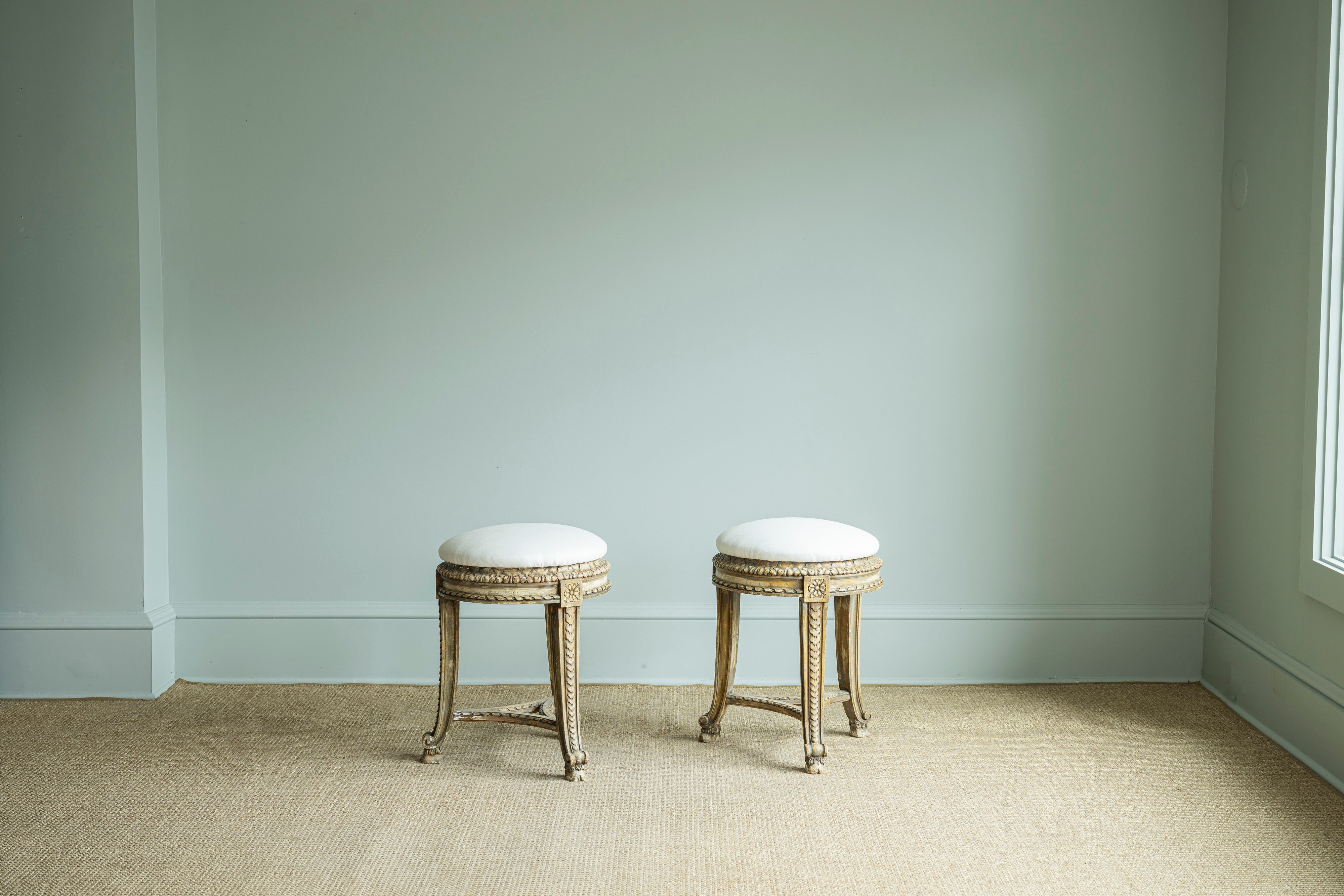 Stools Pair Antique in White linen