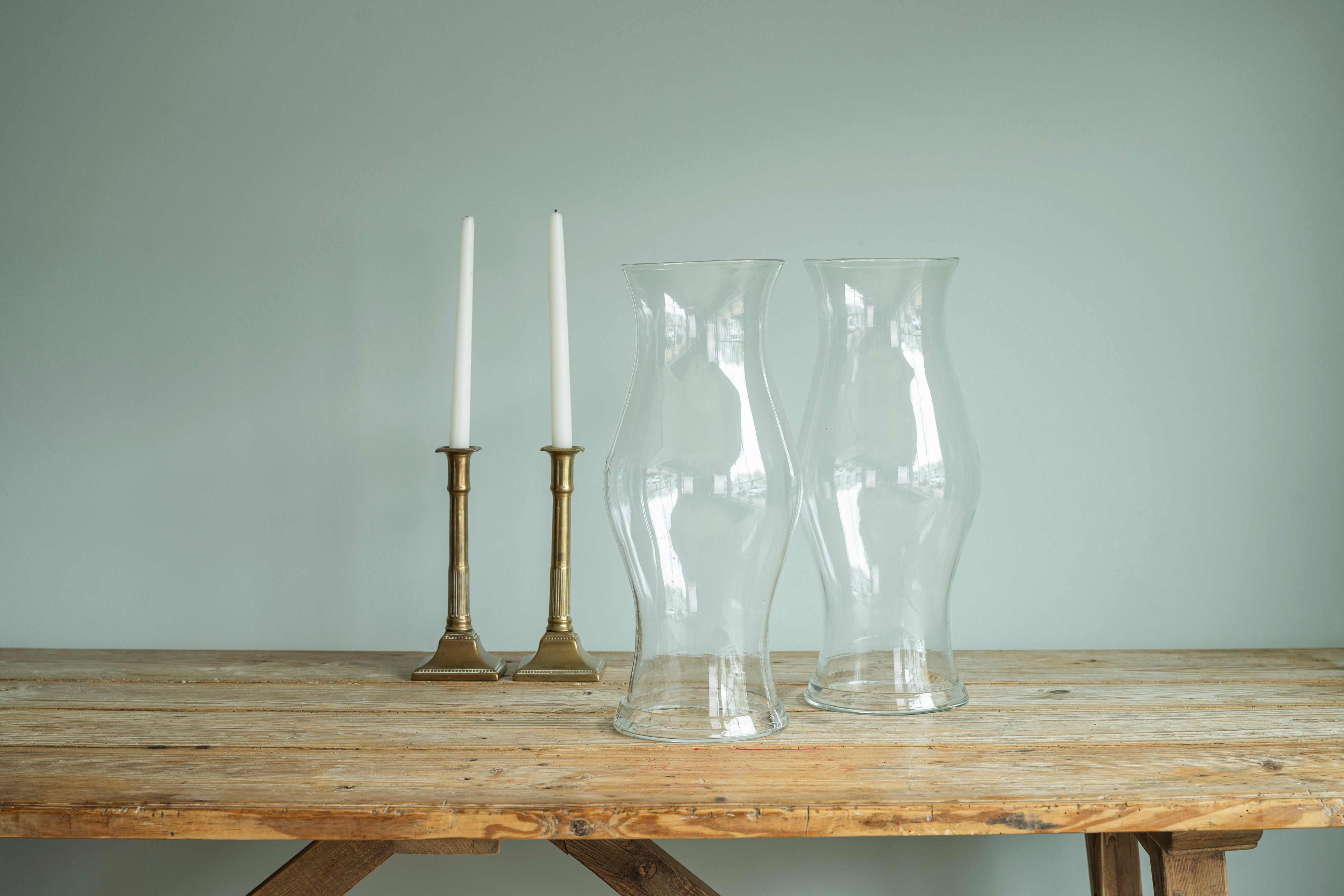 Pair of Brass Candlesticks and Glass Hurricanes