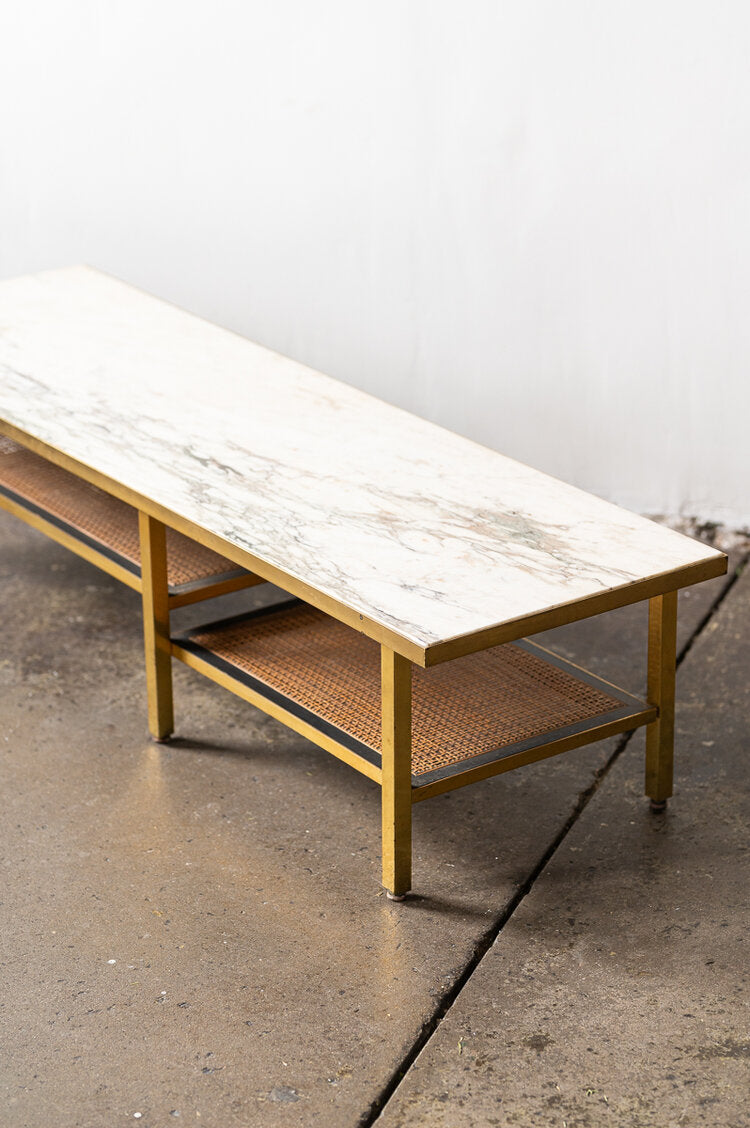 Coffee table Harvey Probber, marble brass and cane