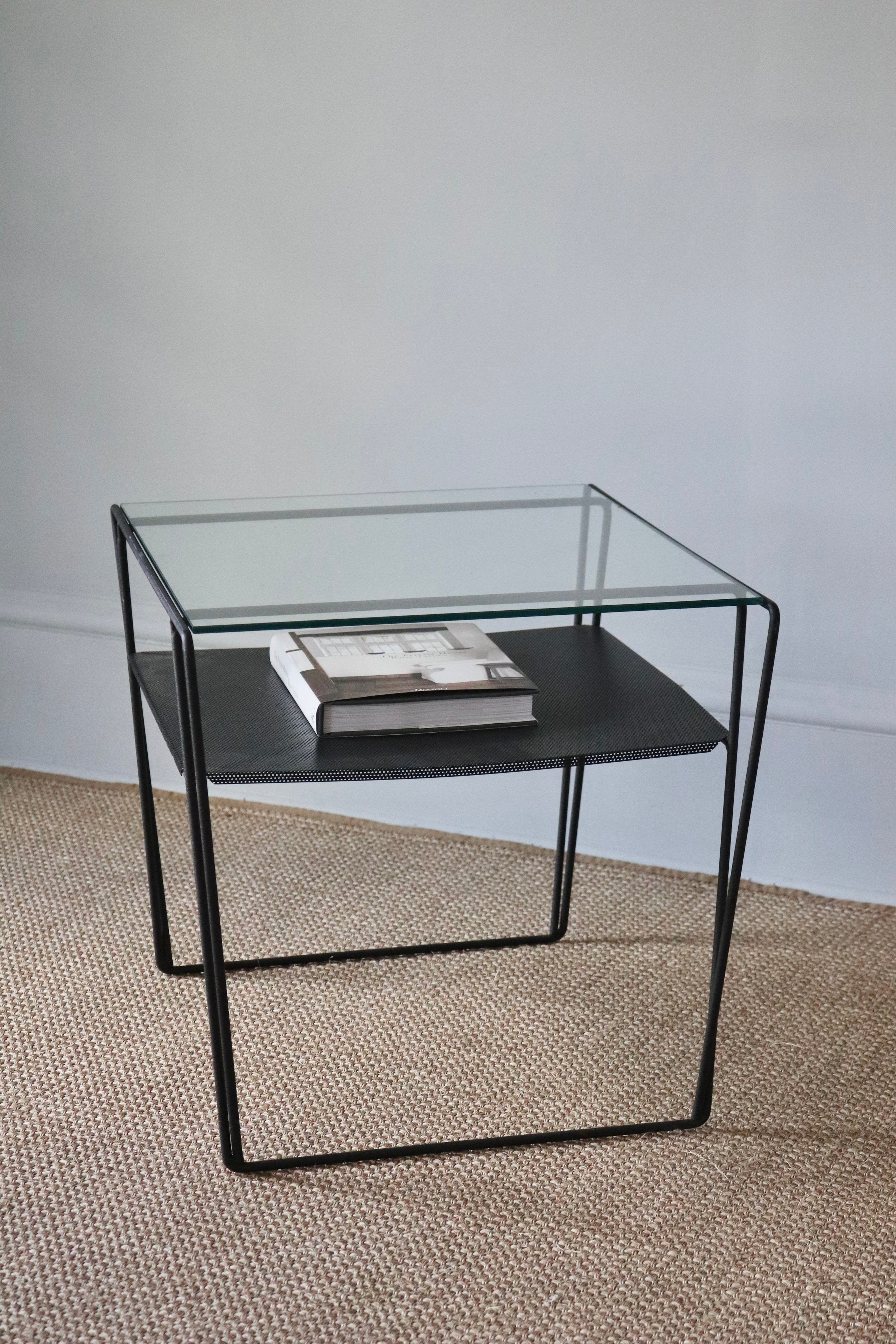 Table Side Metal Glass Top French Mid C. Perforated