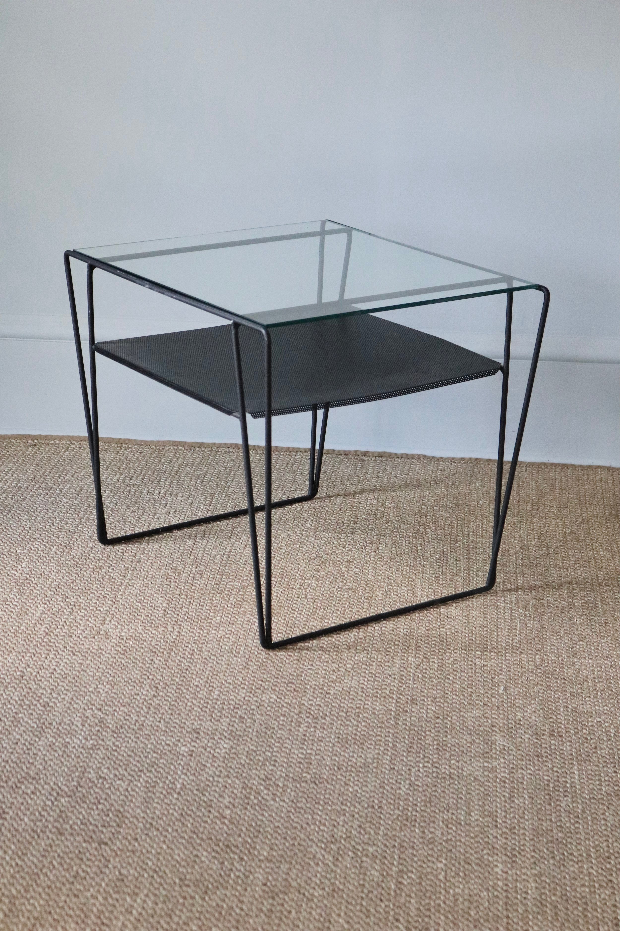 Table Side Metal Glass Top French Mid C. Perforated