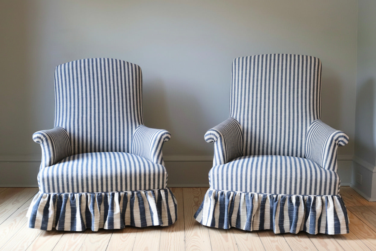 French Arm Chair Redone in Robert Kime Blue & White Stripe