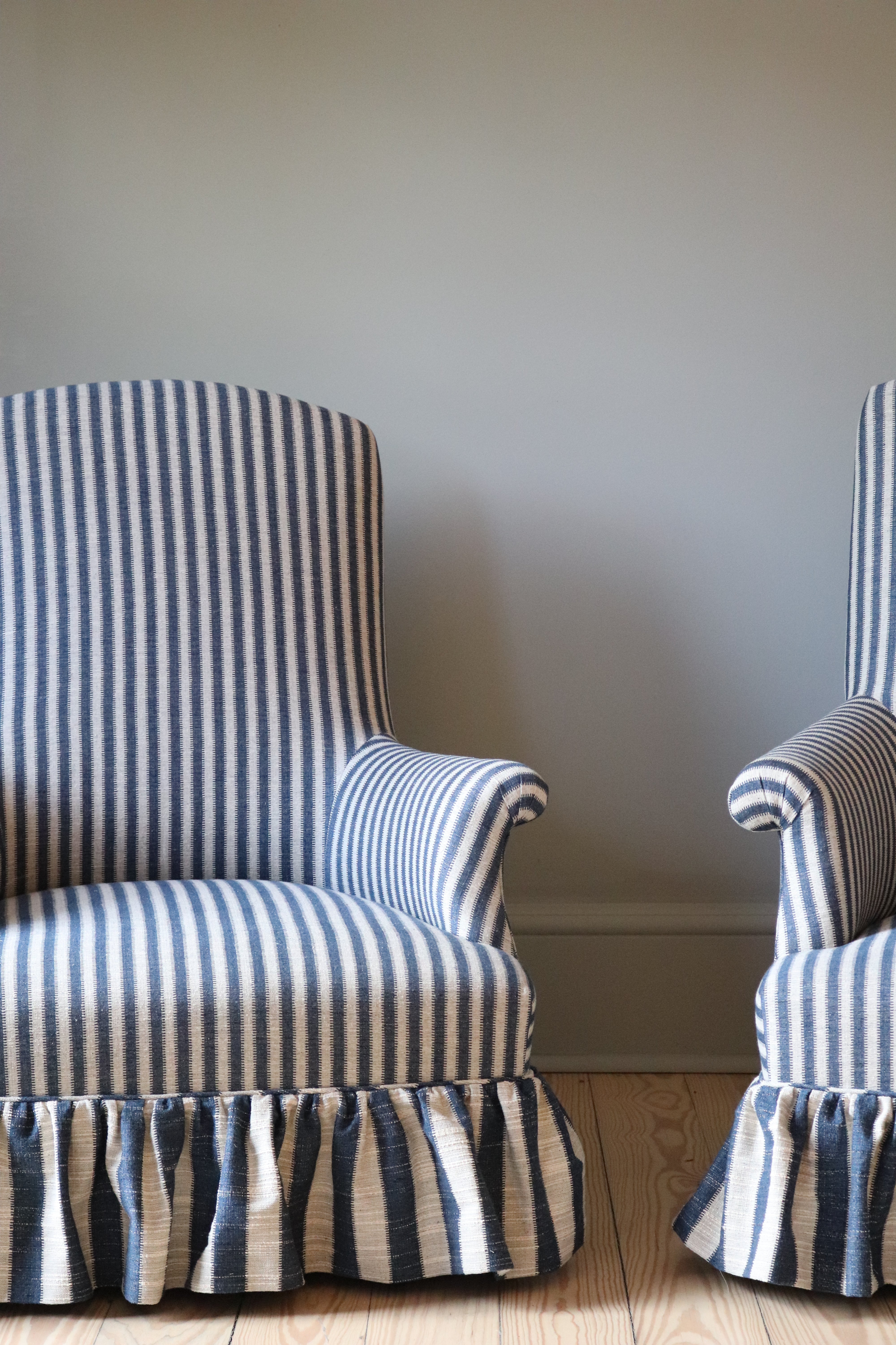 French Arm Chair Redone in Robert Kime Blue & White Stripe