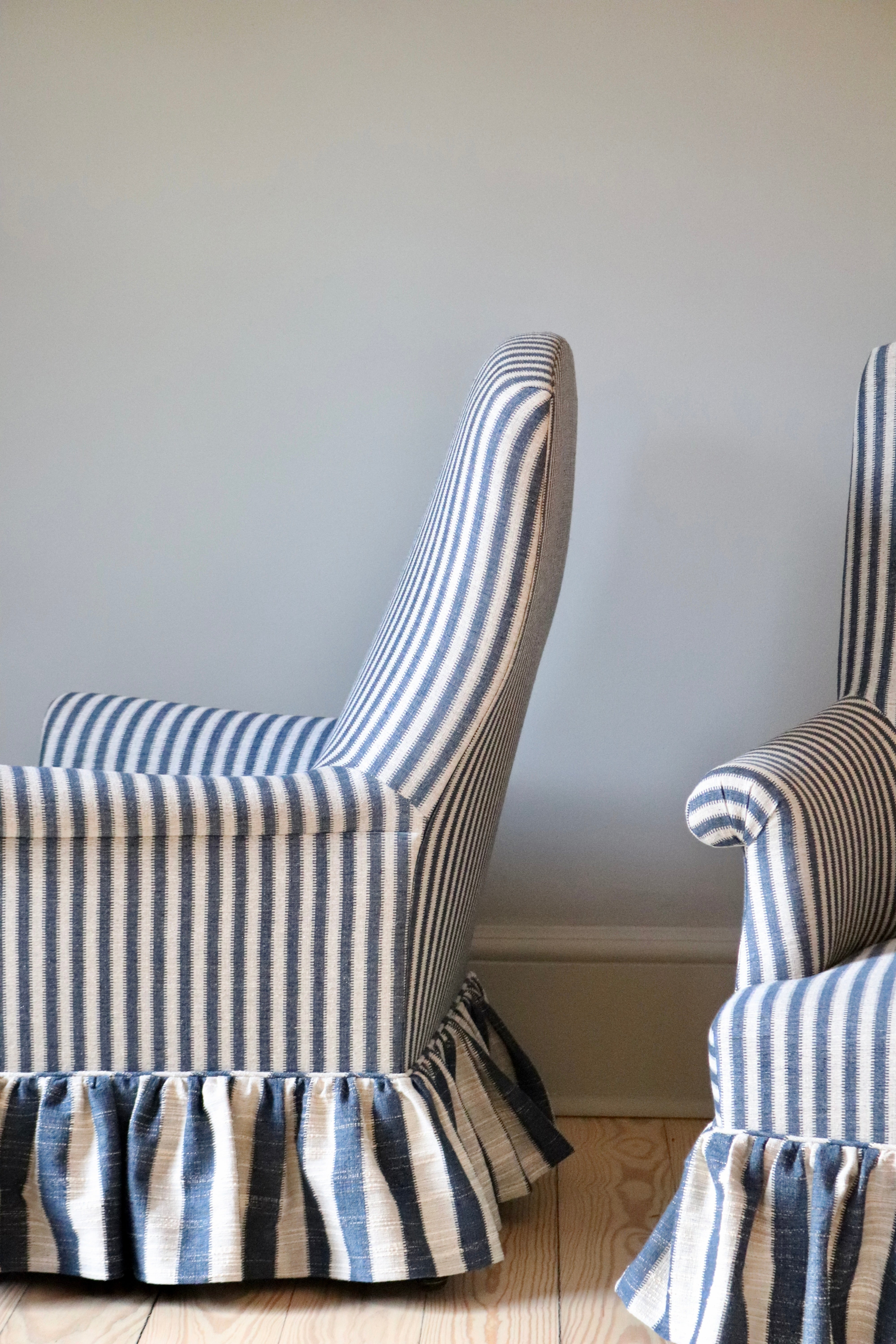 French Arm Chair Redone in Robert Kime Blue & White Stripe