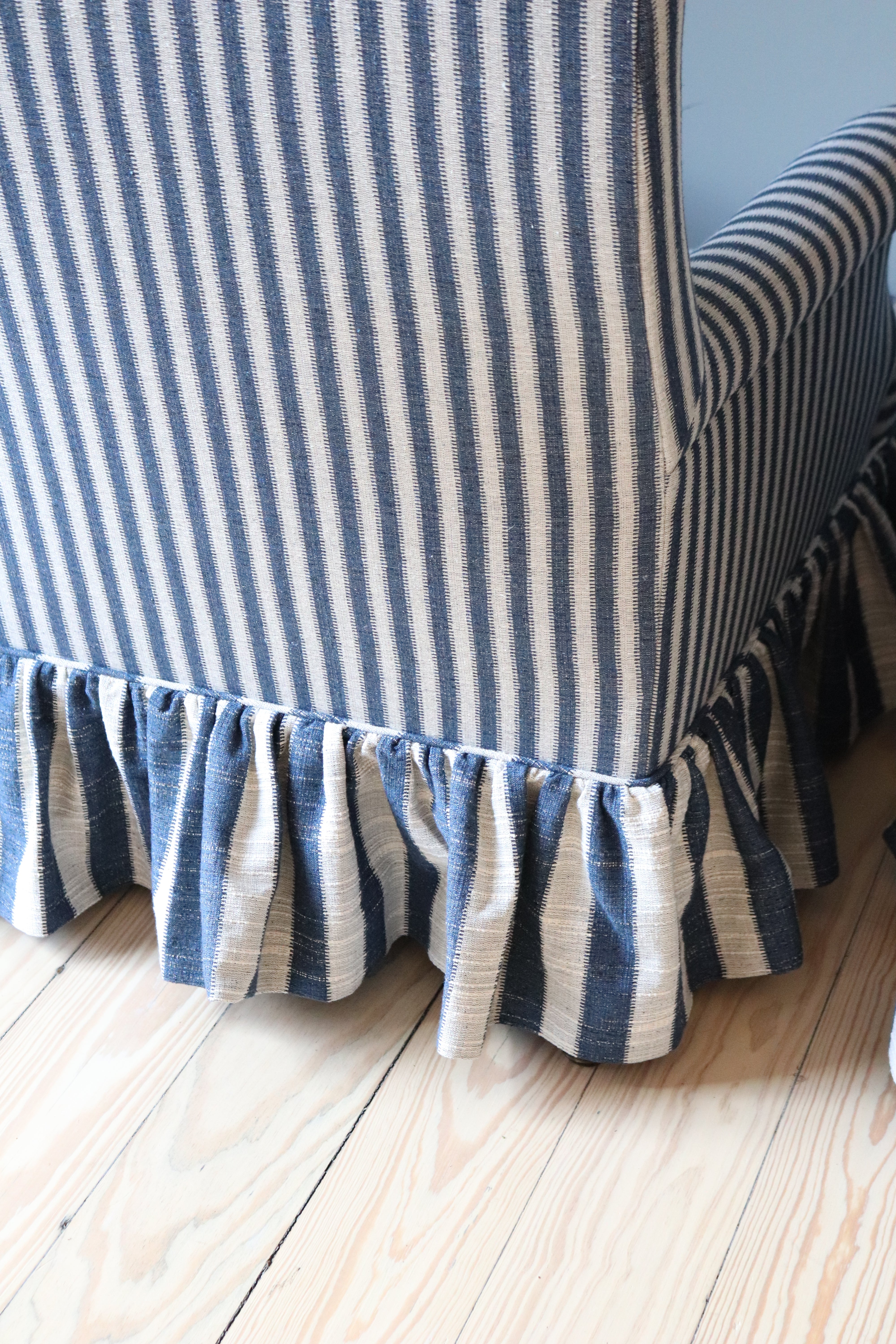 French Arm Chair Redone in Robert Kime Blue & White Stripe