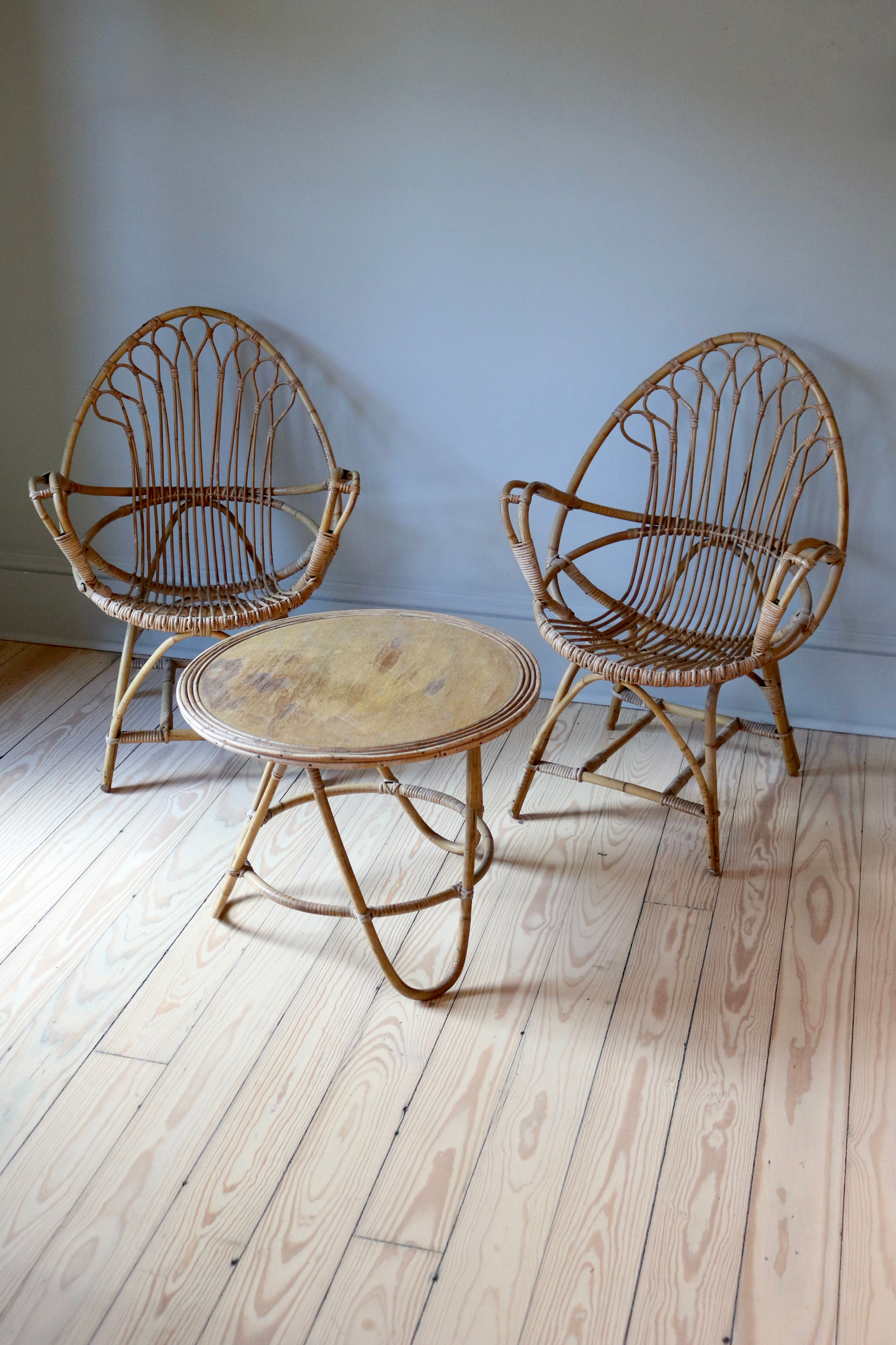 Pair of Italian  Rattan Chairs with Cocktail Table