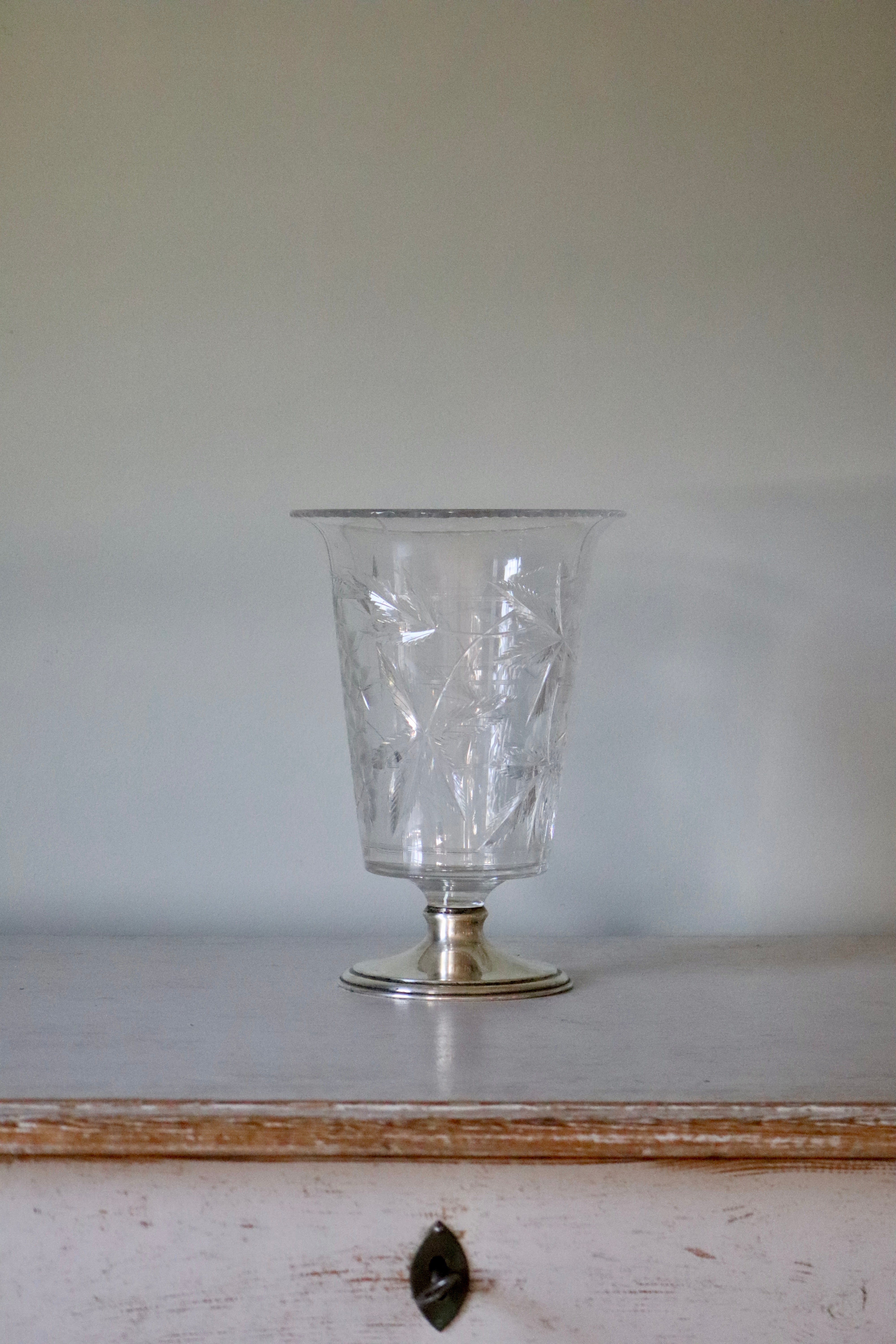 Wheel Cut Glass Vase With Sterling Silver Base