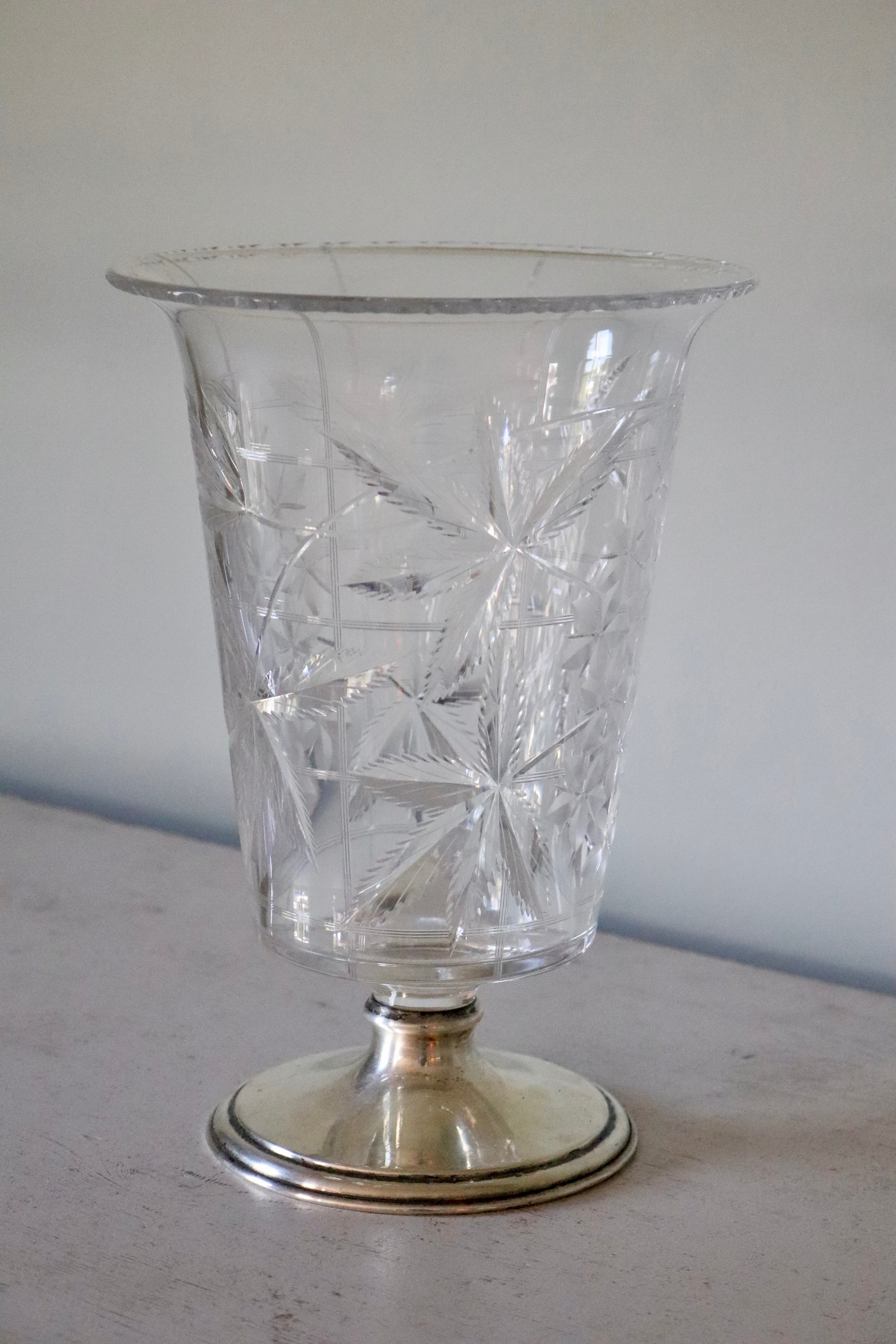 Wheel Cut Glass Vase With Sterling Silver Base