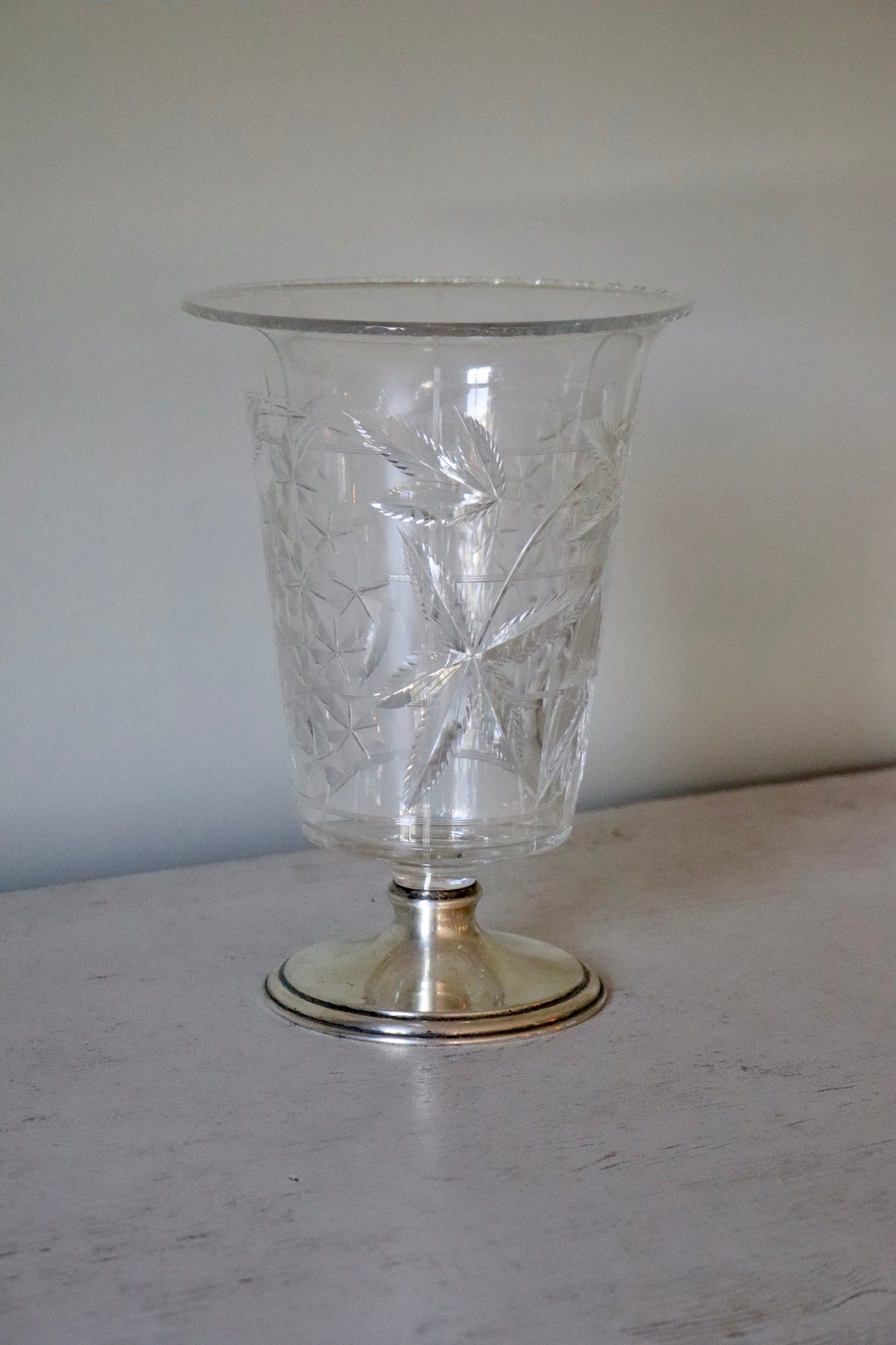 Wheel Cut Glass Vase With Sterling Silver Base