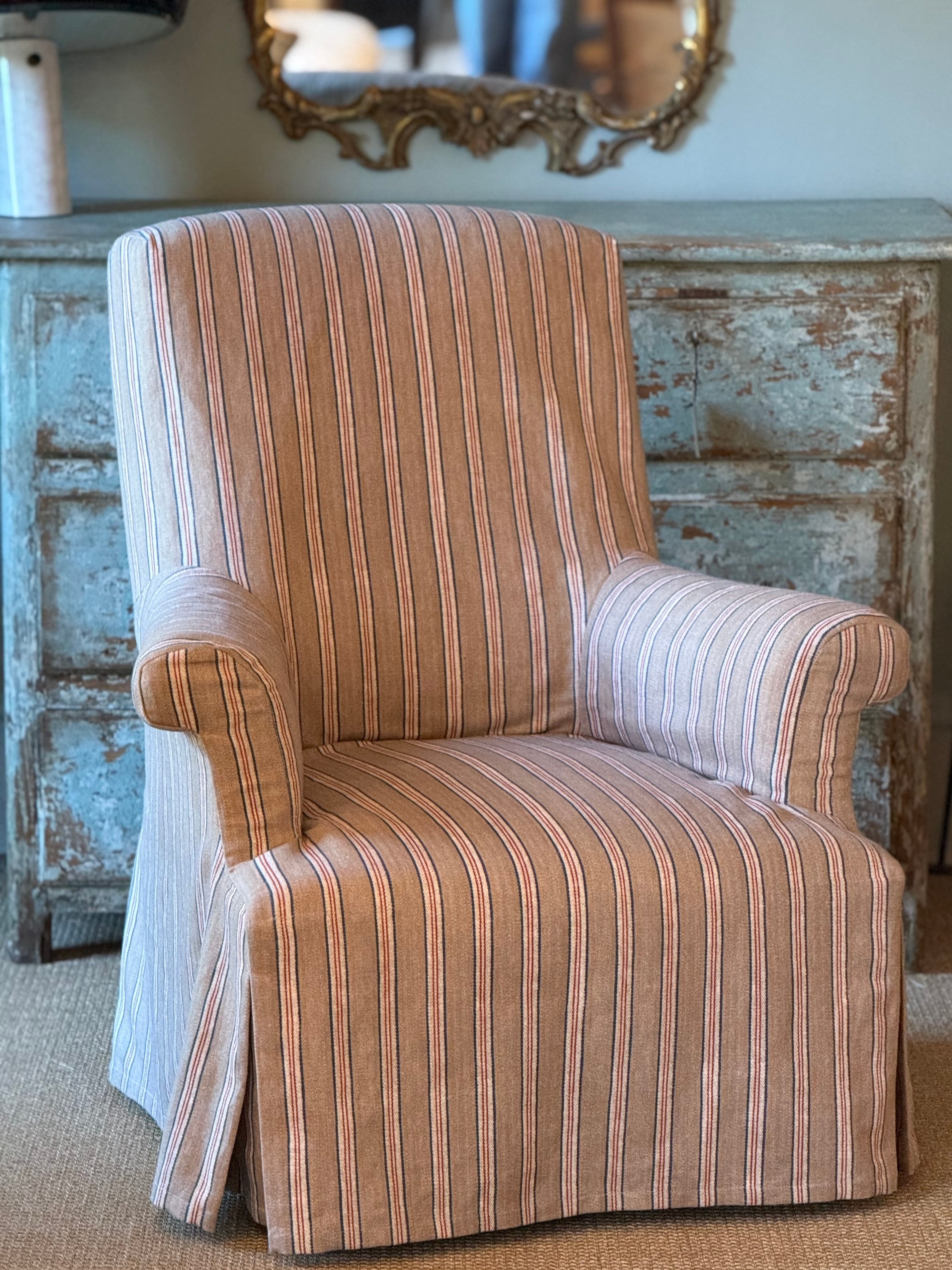 Antique Ticking Stripe Slipcover Chair