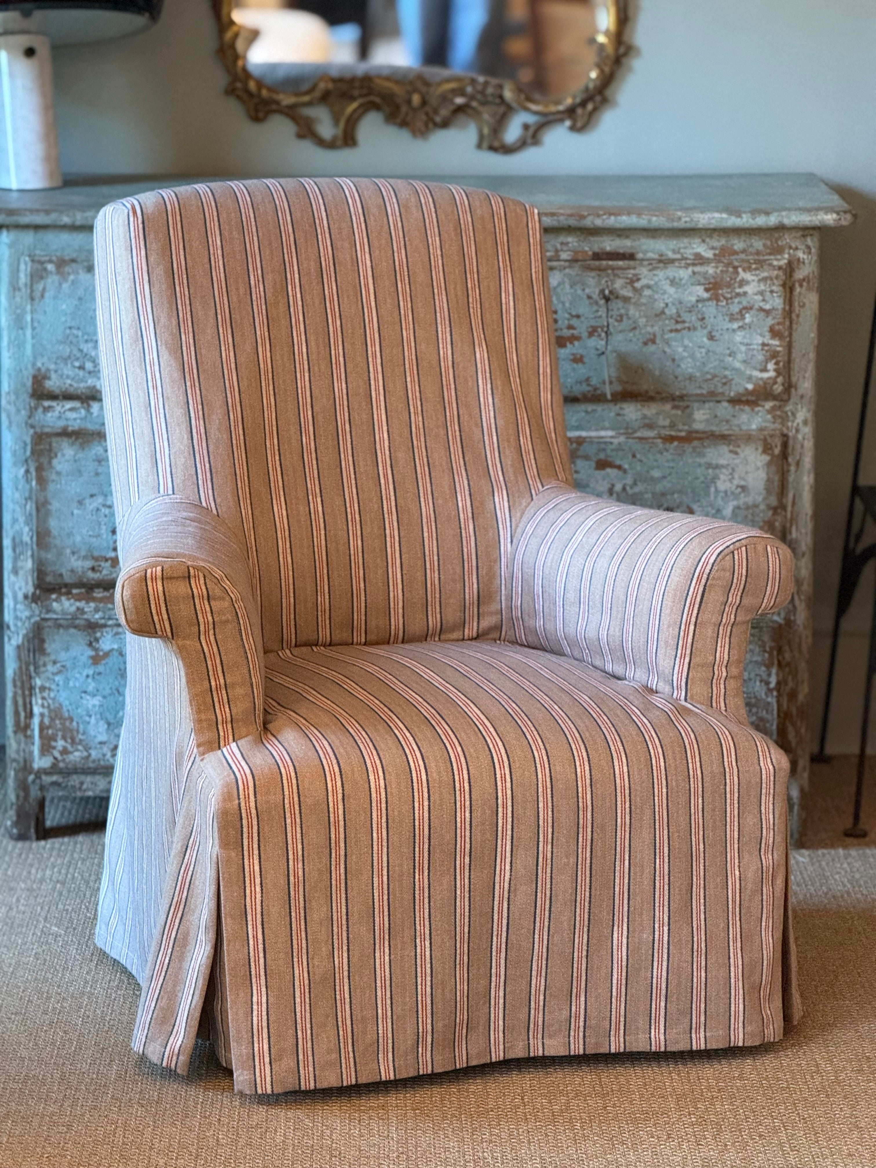 Antique Ticking Stripe Slipcover Chair
