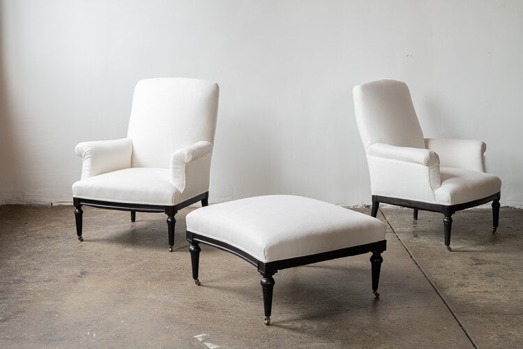 Chairs Vintage Old English w/ Ottoman Pair in White Linen