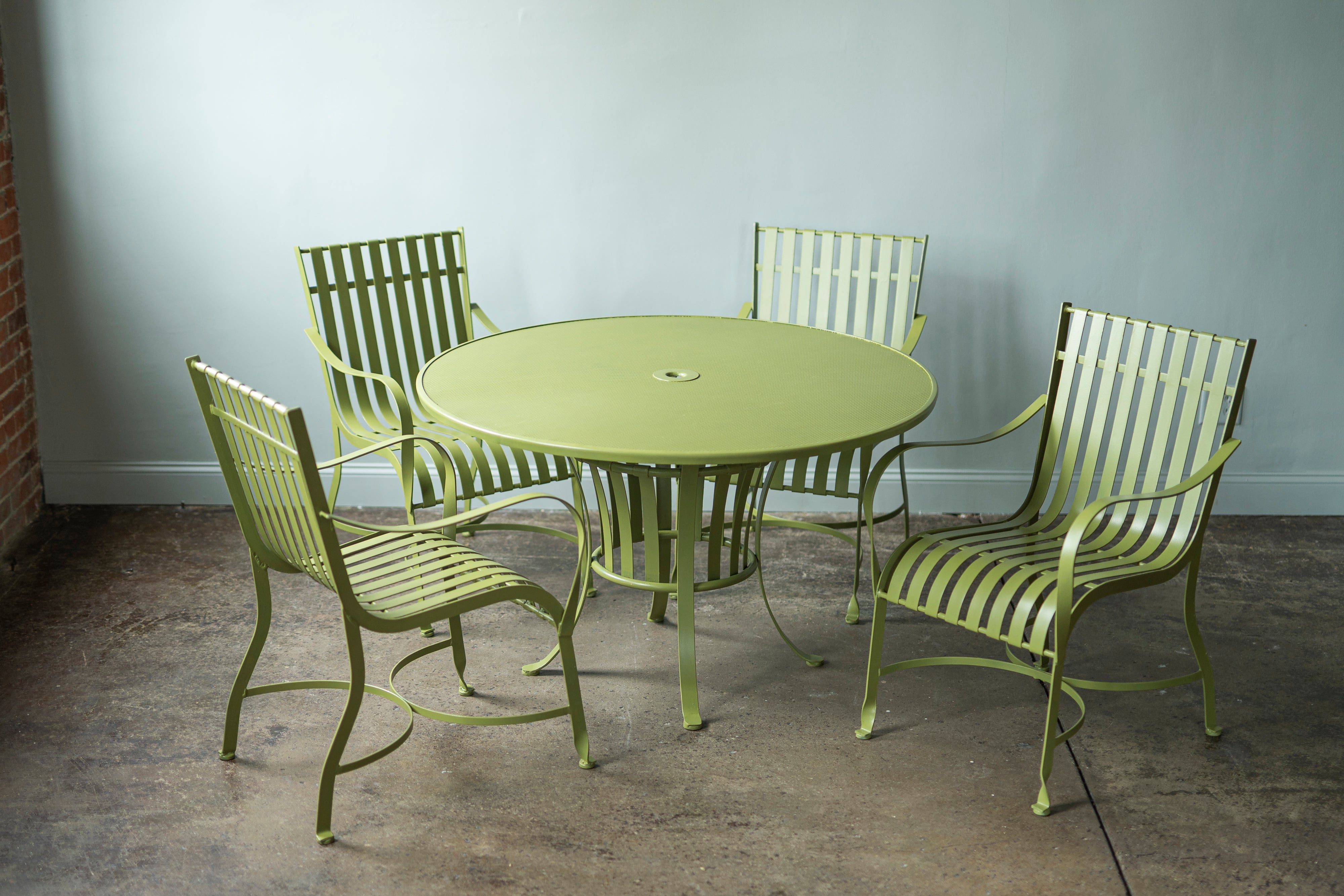 Green Outdoor Table and Set of Four Chairs