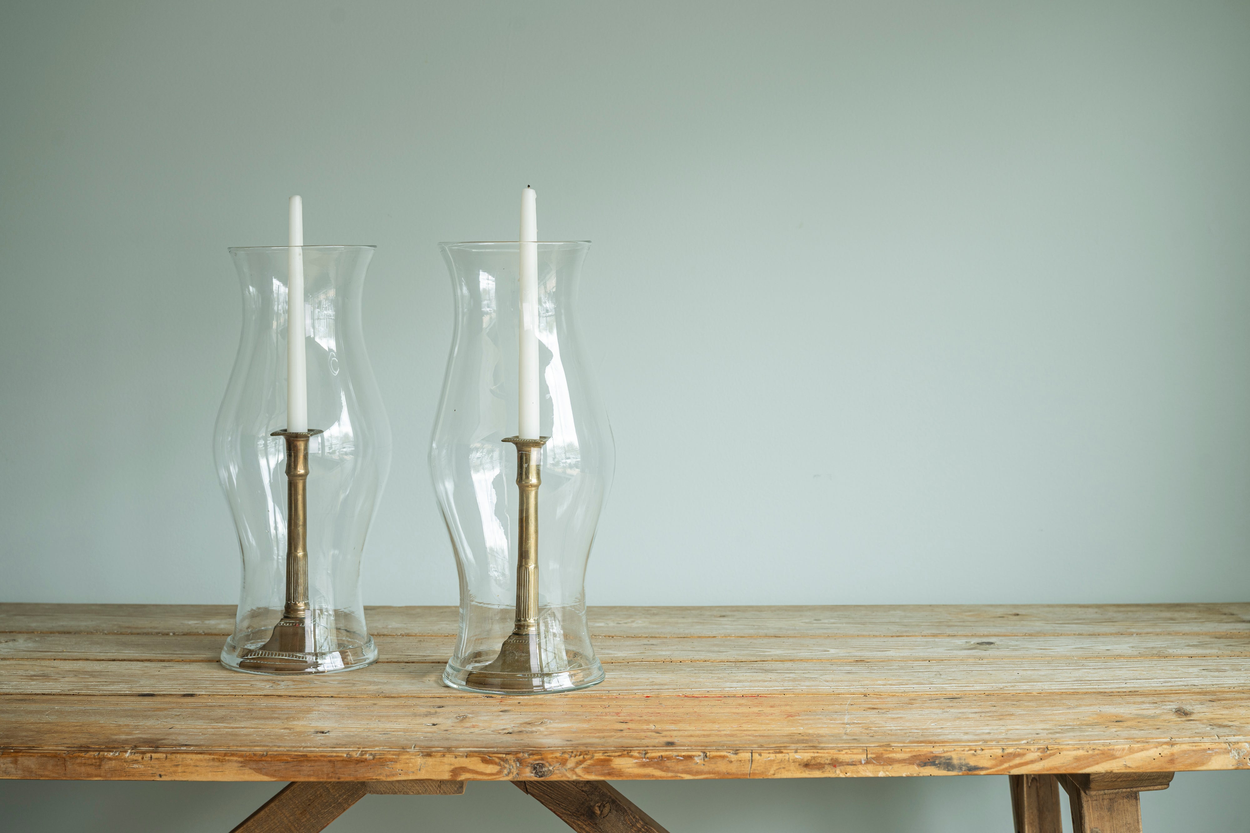 Pair of Brass Candlesticks and Glass Hurricanes