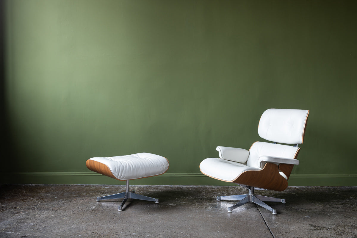 Eames White Leather Lounge Chair and Ottoman